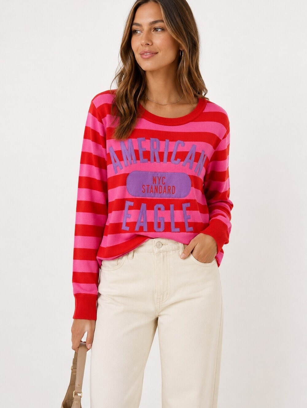 American Eagle RedPink Striped Sweater Long Sleeve Women's Size M Punk Boho